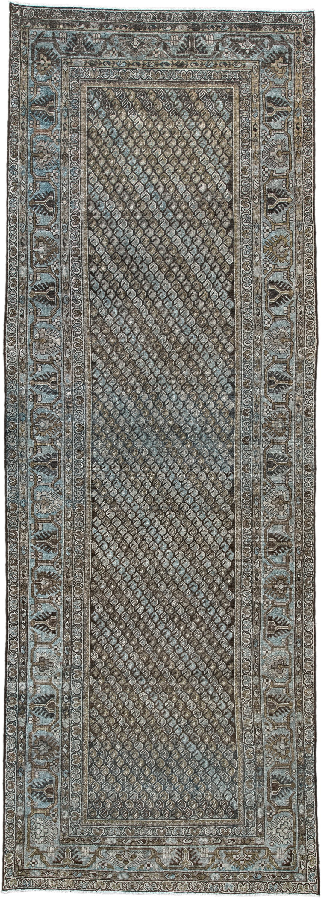 3' x 9' one-of-a-kind handmade antique Malayer runner rug. Color palette: blue gray, taupe, brown, ivory, charcoal, gold