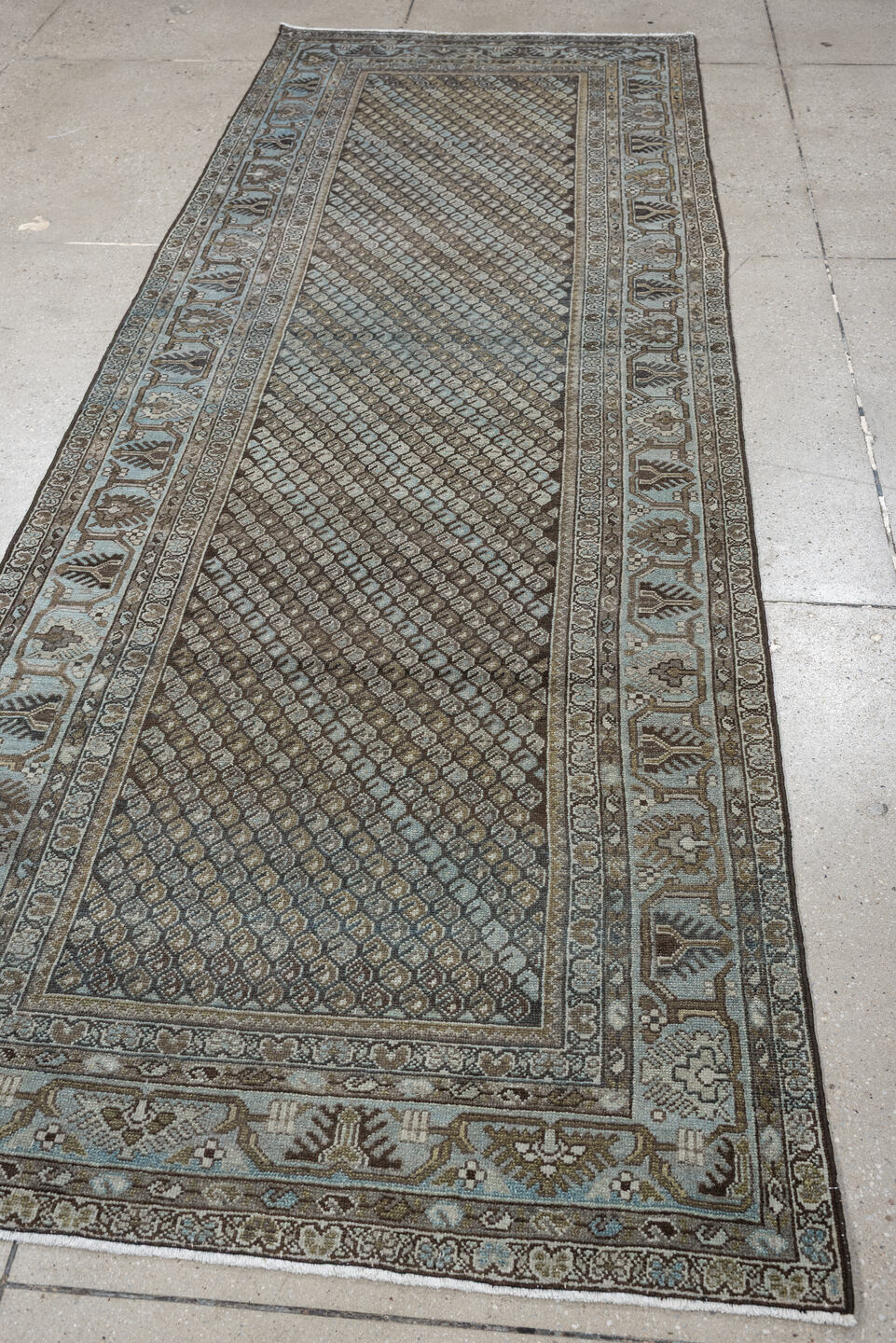 3' x 9' one-of-a-kind handmade antique Malayer runner rug. Color palette: blue gray, taupe, brown, ivory, charcoal, gold