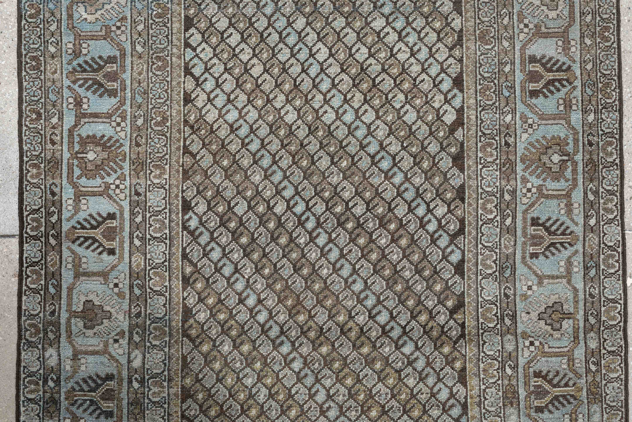 3' x 9' one-of-a-kind handmade antique Malayer runner rug. Color palette: blue gray, taupe, brown, ivory, charcoal, gold