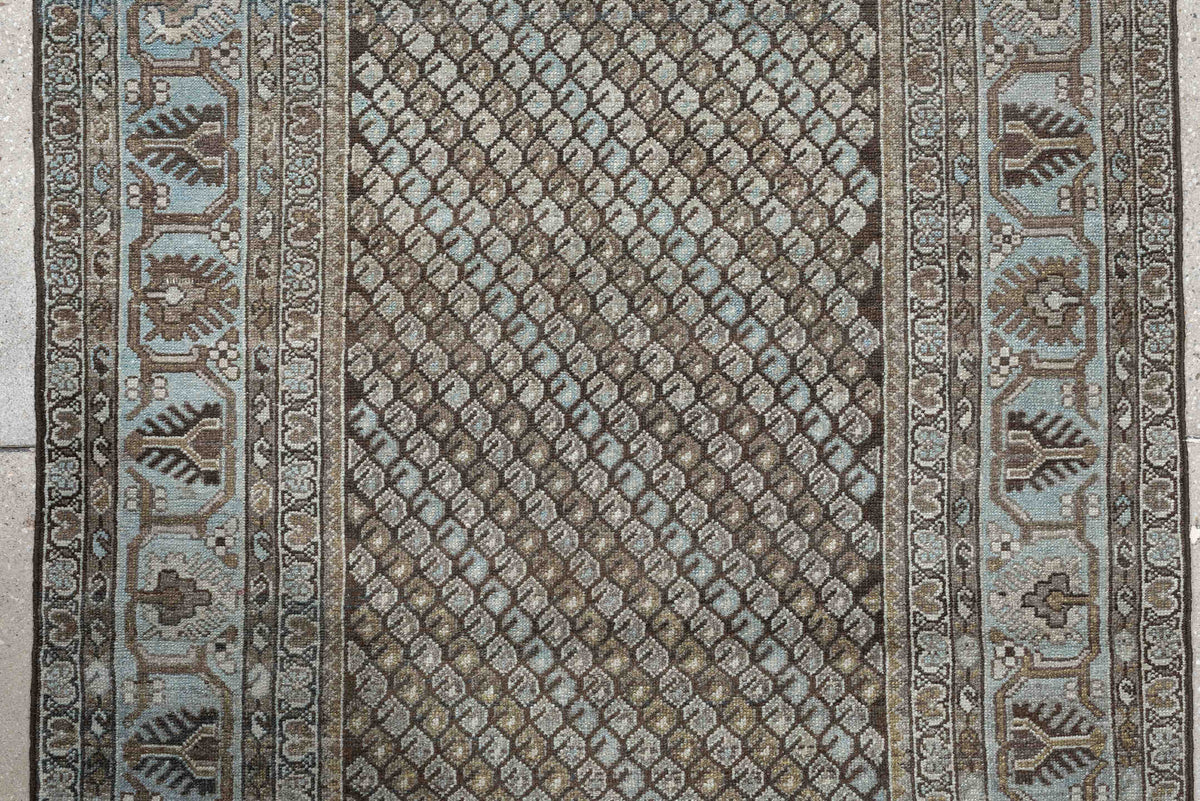 3' x 9' one-of-a-kind handmade antique Malayer runner rug. Color palette: blue gray, taupe, brown, ivory, charcoal, gold