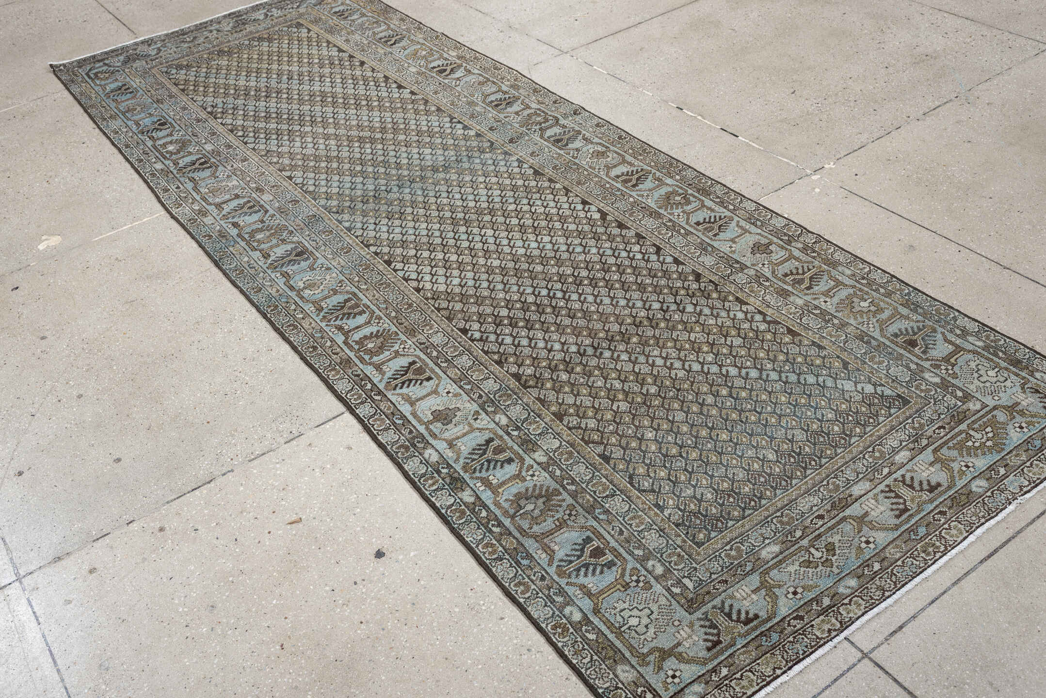 3' x 9' one-of-a-kind handmade antique Malayer runner rug. Color palette: blue gray, taupe, brown, ivory, charcoal, gold