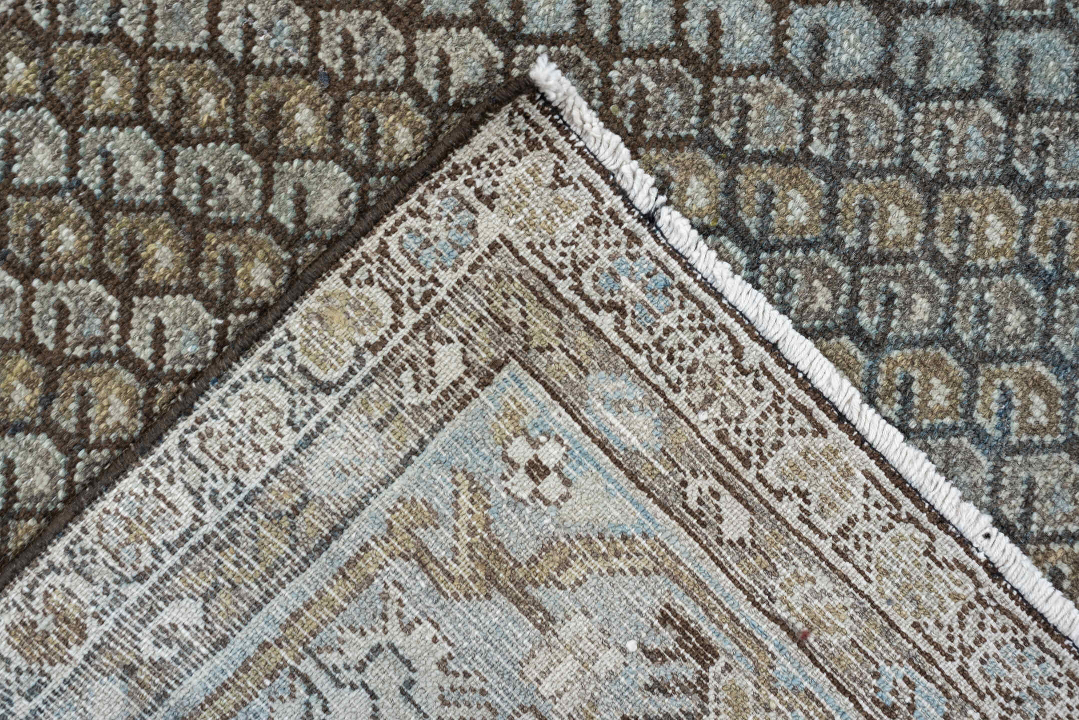 3' x 9' one-of-a-kind handmade antique Malayer runner rug. Color palette: blue gray, taupe, brown, ivory, charcoal, gold