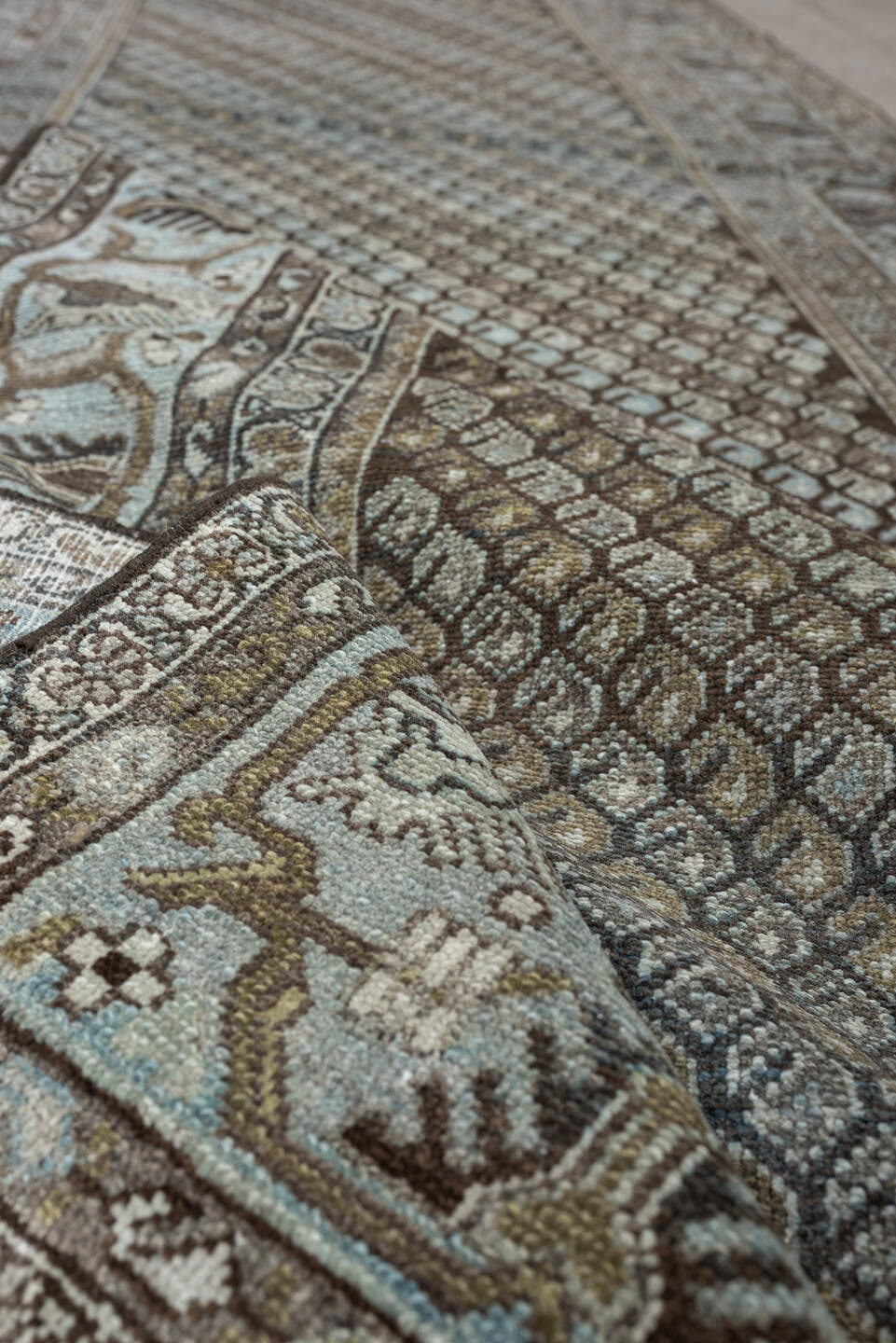 3' x 9' one-of-a-kind handmade antique Malayer runner rug. Color palette: blue gray, taupe, brown, ivory, charcoal, gold