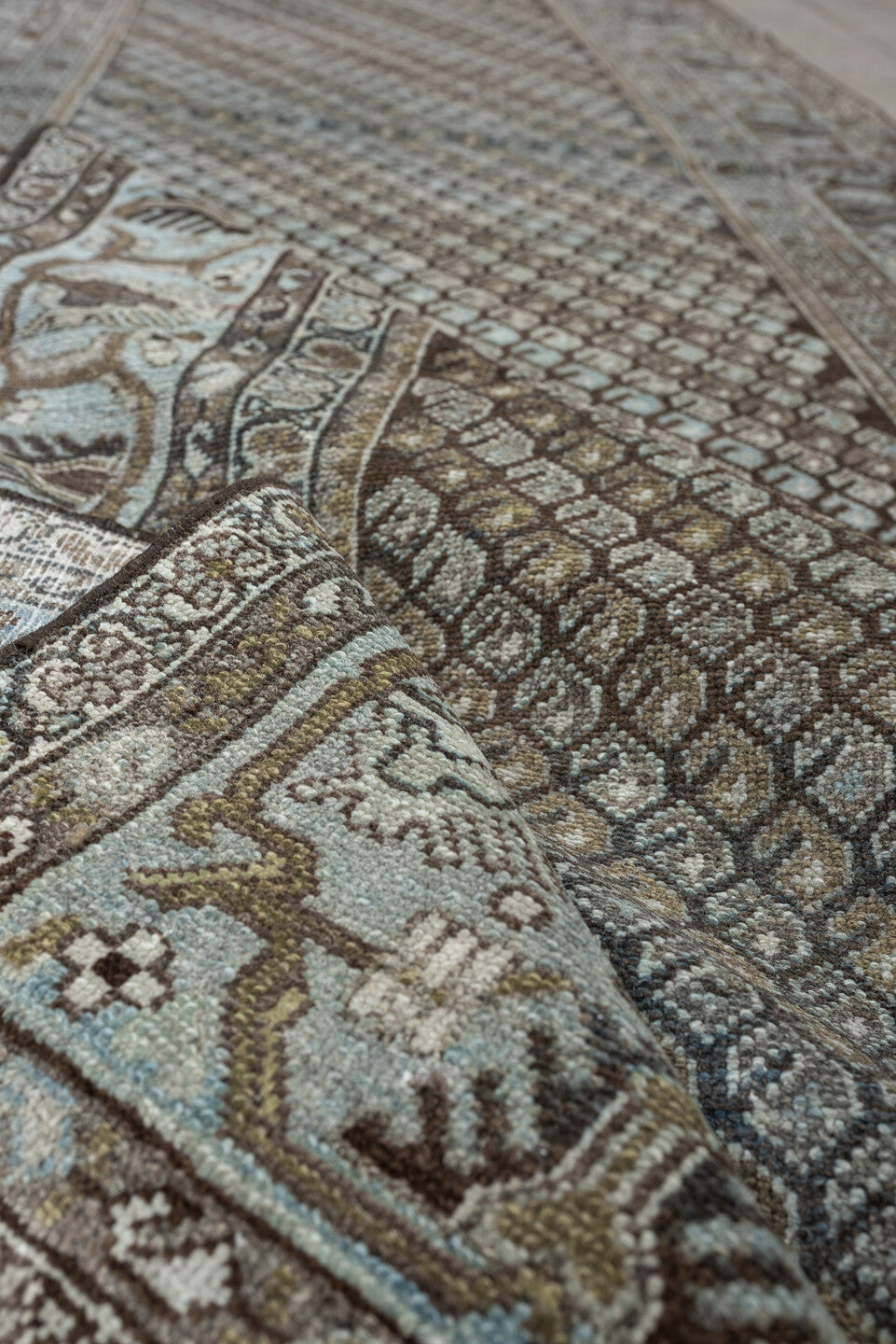 3' x 9' one-of-a-kind handmade antique Malayer runner rug. Color palette: blue gray, taupe, brown, ivory, charcoal, gold