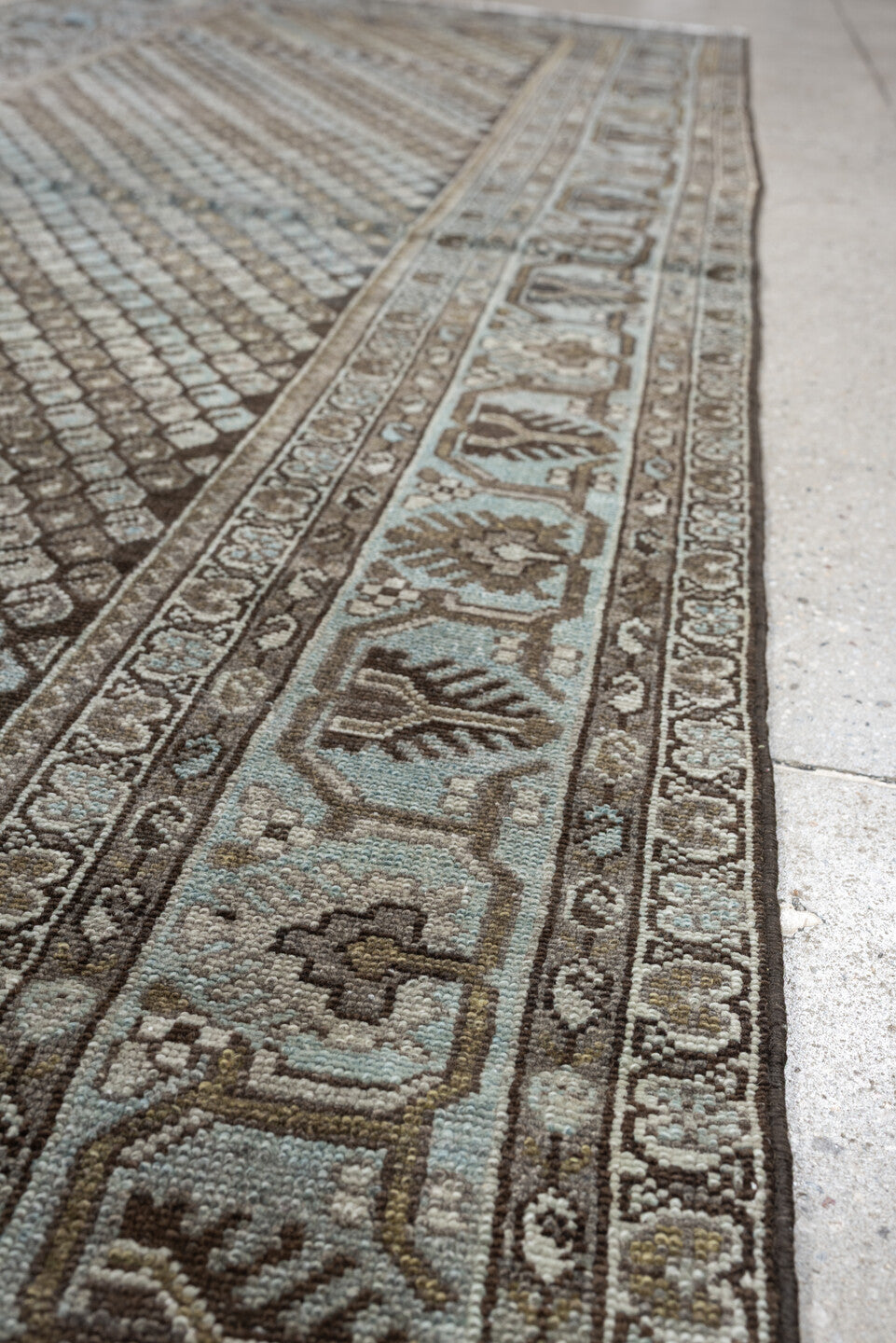 3' x 9' one-of-a-kind handmade antique Malayer runner rug. Color palette: blue gray, taupe, brown, ivory, charcoal, gold