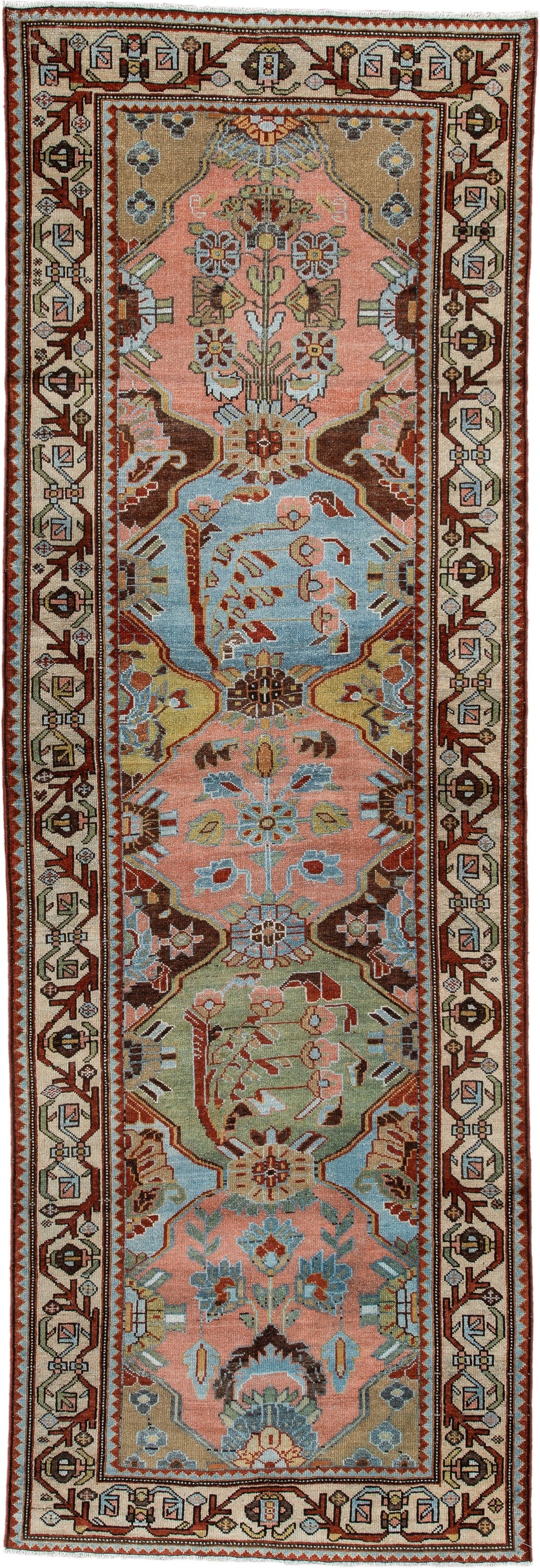3' x 9' one-of-a-kind handmade antique Baktiary runner rug. Color palette: rose, ivory, pale blue, sage, rust, brown, taupe