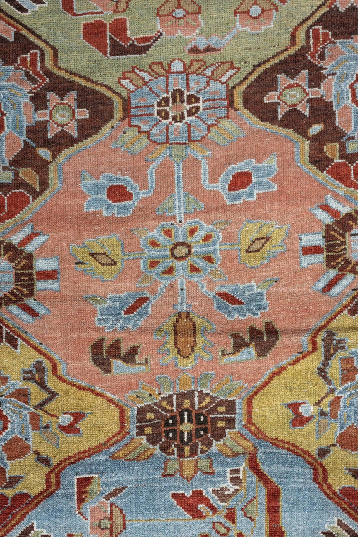 3' x 9' one-of-a-kind handmade antique Baktiary runner rug. Color palette: rose, ivory, pale blue, sage, rust, brown, taupe