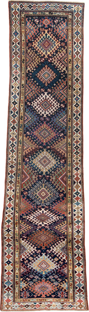 2' x 11' one-of-a-kind handmade antique NW Persian runner rug. Color palette: navy, ivory, rust, camel, terracotta