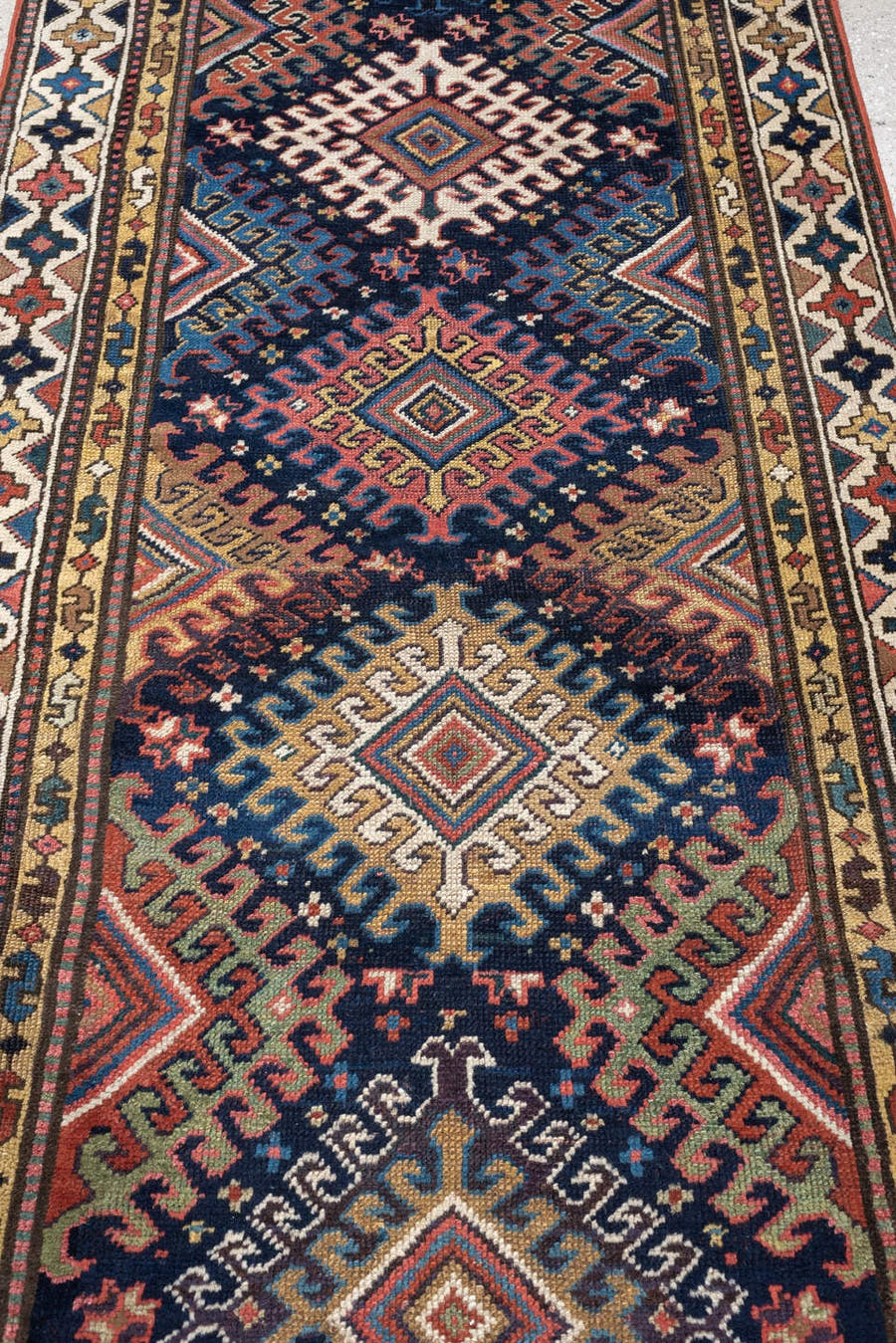 2' x 11' one-of-a-kind handmade antique NW Persian runner rug. Color palette: navy, ivory, rust, camel, terracotta