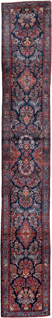2' x 17' one-of-a-kind handmade antique Mehraban runner rug. Color palette: navy, terracotta, ivory, turquoise, coral, gold