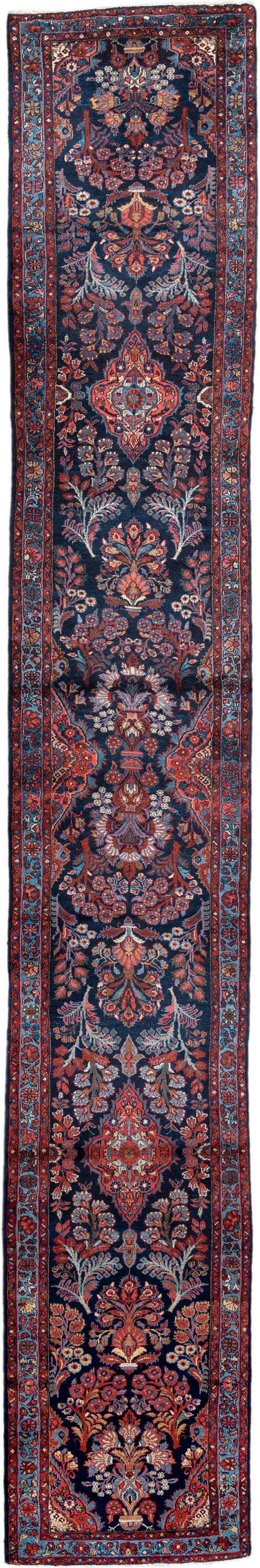 2' x 17' one-of-a-kind handmade antique Mehraban runner rug. Color palette: navy, terracotta, ivory, turquoise, coral, gold