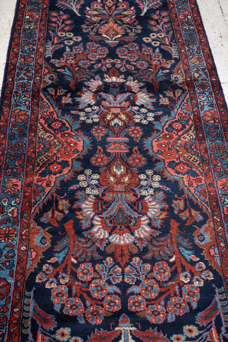 2' x 17' one-of-a-kind handmade antique Mehraban runner rug. Color palette: navy, terracotta, ivory, turquoise, coral, gold