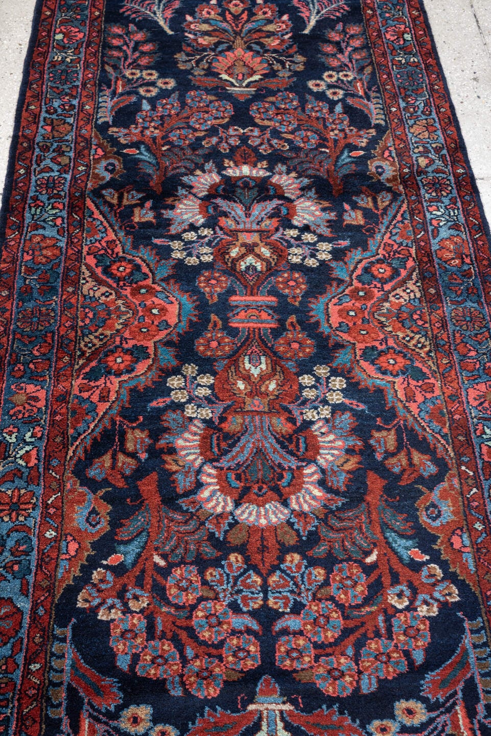 2' x 17' one-of-a-kind handmade antique Mehraban runner rug. Color palette: navy, terracotta, ivory, turquoise, coral, gold