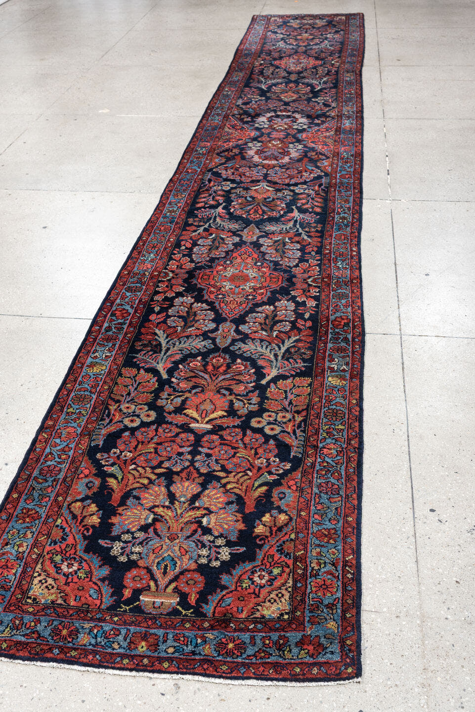 2' x 17' one-of-a-kind handmade antique Mehraban runner rug. Color palette: navy, terracotta, ivory, turquoise, coral, gold