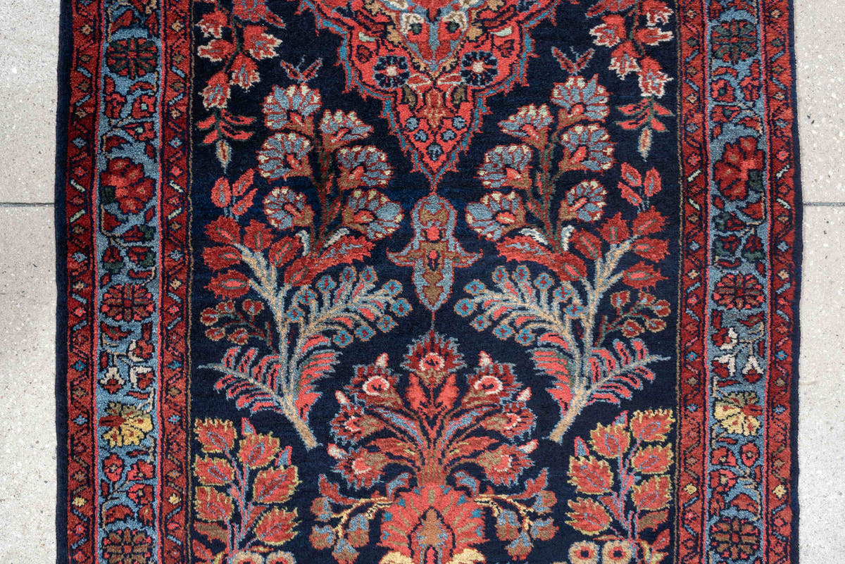 2' x 17' one-of-a-kind handmade antique Mehraban runner rug. Color palette: navy, terracotta, ivory, turquoise, coral, gold
