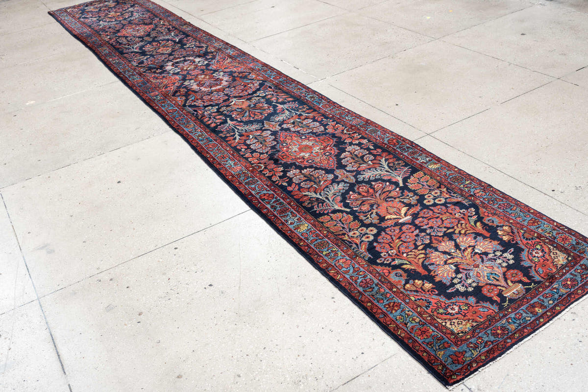 2' x 17' one-of-a-kind handmade antique Mehraban runner rug. Color palette: navy, terracotta, ivory, turquoise, coral, gold