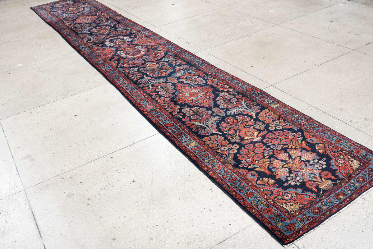 2' x 17' one-of-a-kind handmade antique Mehraban runner rug. Color palette: navy, terracotta, ivory, turquoise, coral, gold