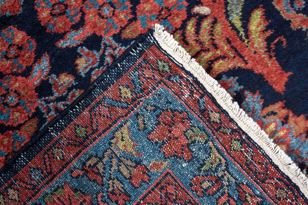 2' x 17' one-of-a-kind handmade antique Mehraban runner rug. Color palette: navy, terracotta, ivory, turquoise, coral, gold
