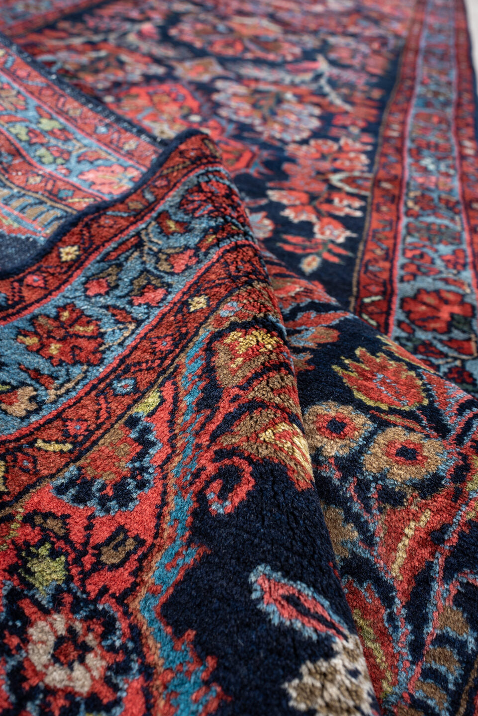 2' x 17' one-of-a-kind handmade antique Mehraban runner rug. Color palette: navy, terracotta, ivory, turquoise, coral, gold
