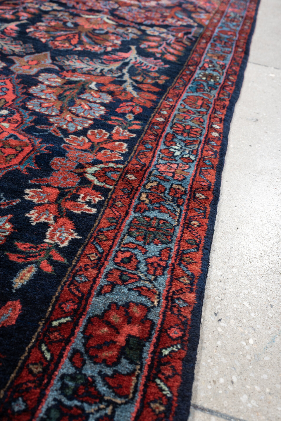 2' x 17' one-of-a-kind handmade antique Mehraban runner rug. Color palette: navy, terracotta, ivory, turquoise, coral, gold