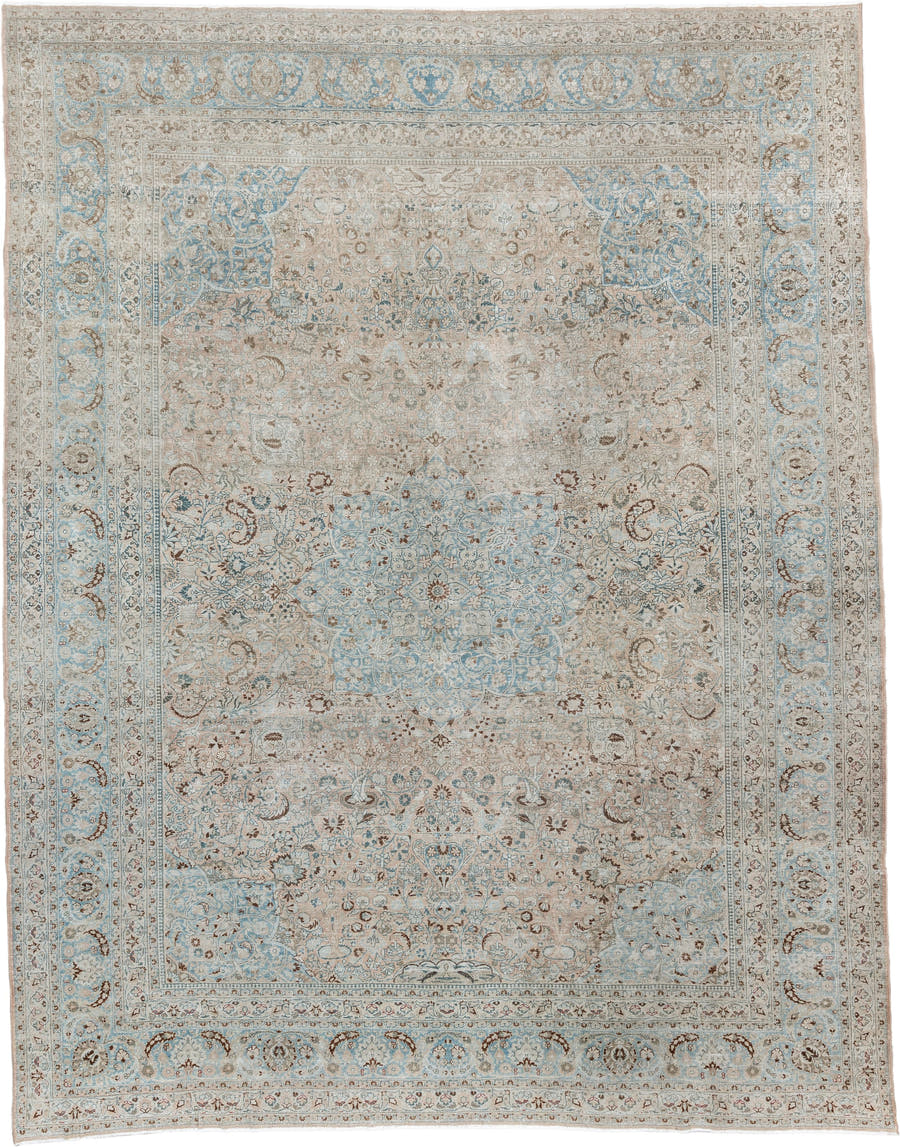 9' x 12' one-of-a-kind handmade antique Meshed large size rug. Color palette: ivory, pale blue, taupe, beige, camel, brown