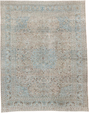 9' x 12' one-of-a-kind handmade antique Meshed large size rug. Color palette: ivory, pale blue, taupe, beige, camel, brown