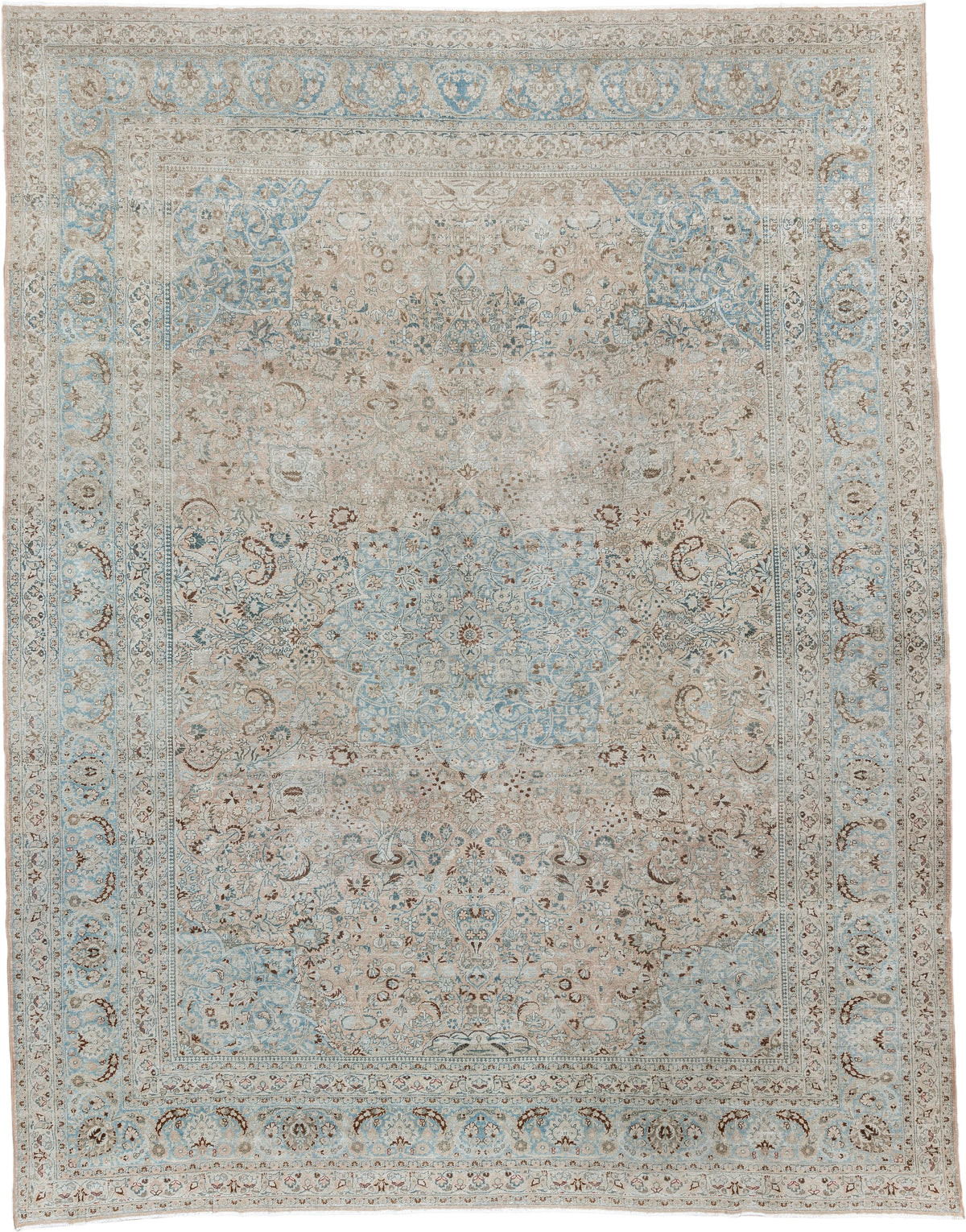 9' x 12' one-of-a-kind handmade antique Meshed large size rug. Color palette: ivory, pale blue, taupe, beige, camel, brown
