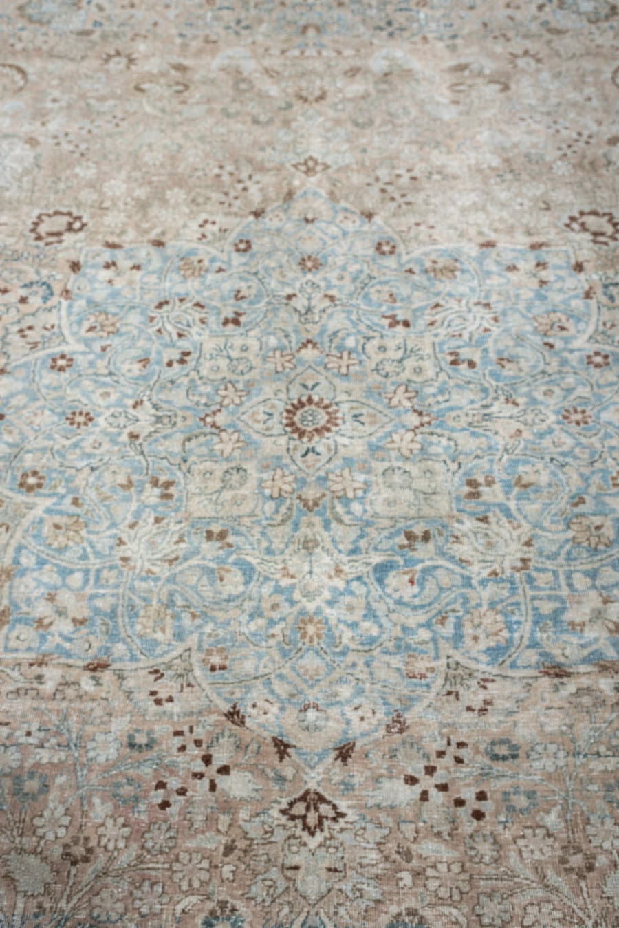 9' x 12' one-of-a-kind handmade antique Meshed large size rug. Color palette: ivory, pale blue, taupe, beige, camel, brown