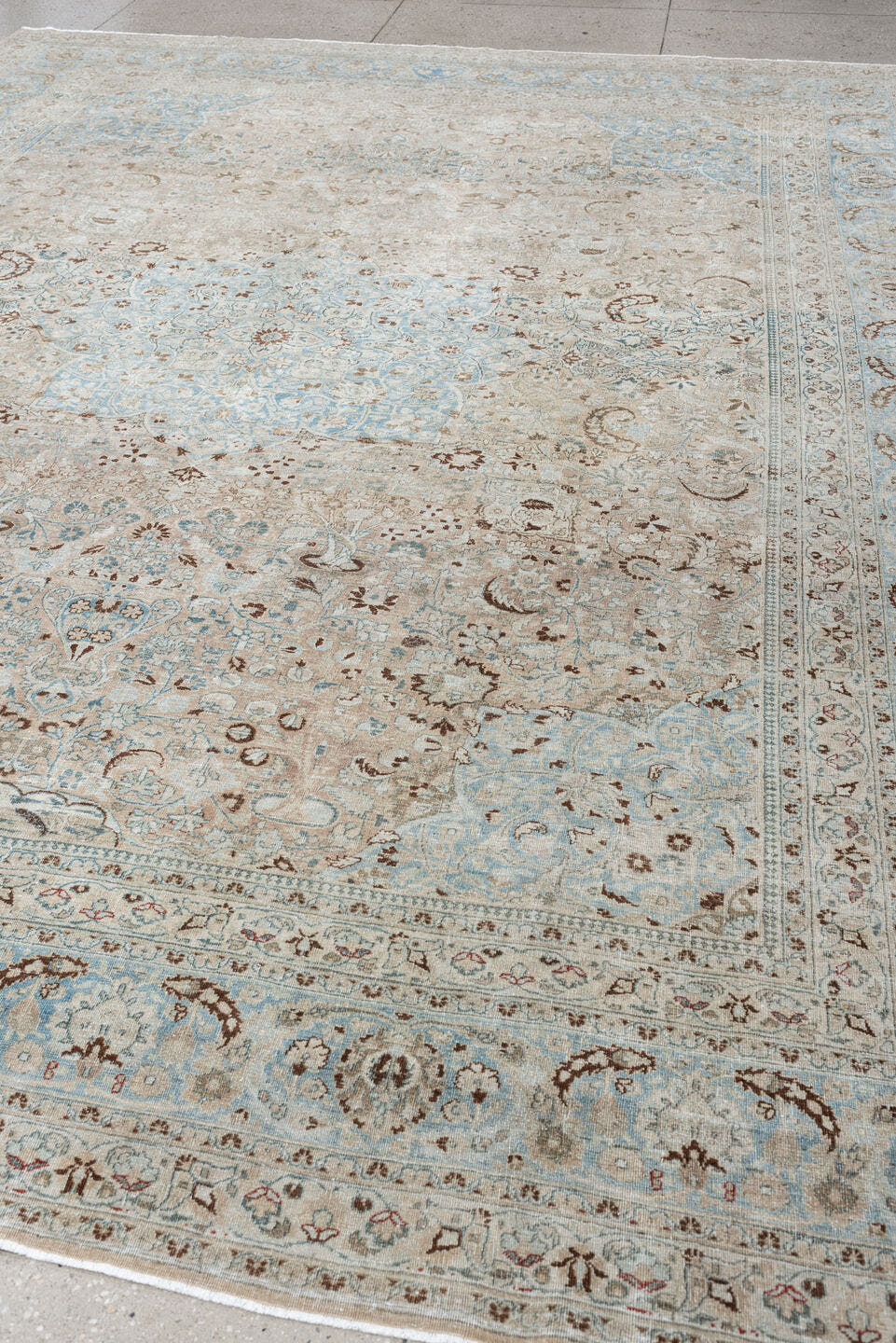 9' x 12' one-of-a-kind handmade antique Meshed large size rug. Color palette: ivory, pale blue, taupe, beige, camel, brown