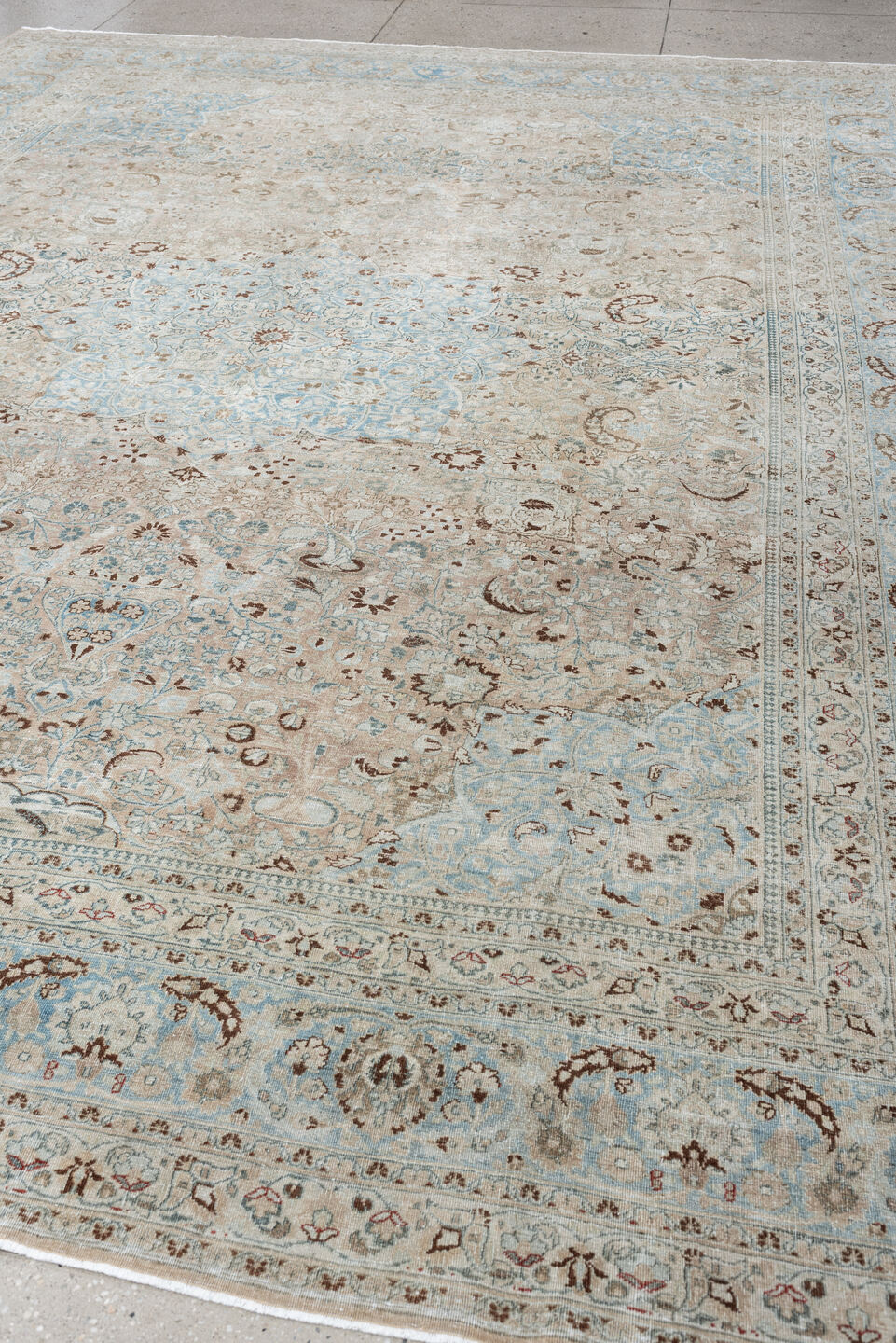 9' x 12' one-of-a-kind handmade antique Meshed large size rug. Color palette: ivory, pale blue, taupe, beige, camel, brown