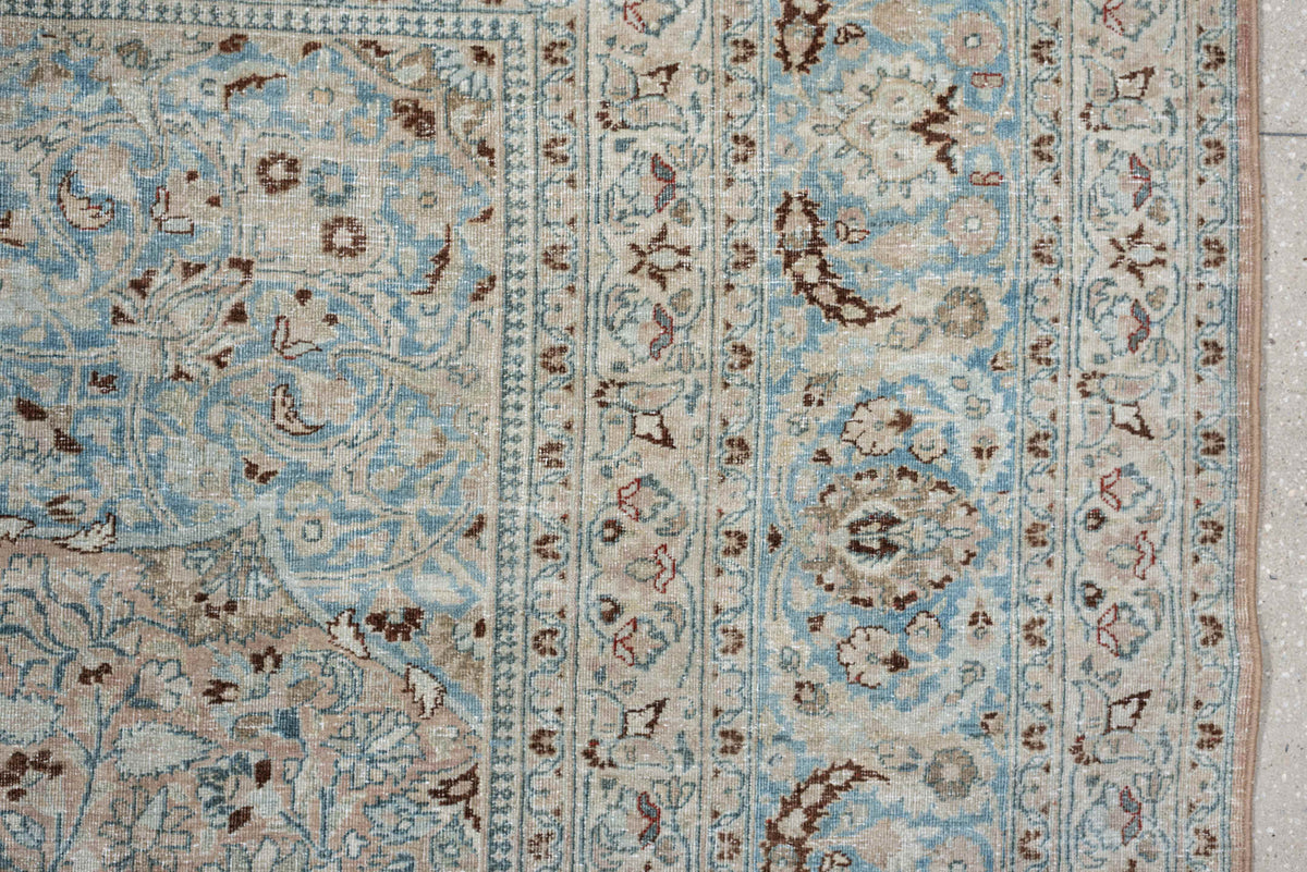 9' x 12' one-of-a-kind handmade antique Meshed large size rug. Color palette: ivory, pale blue, taupe, beige, camel, brown