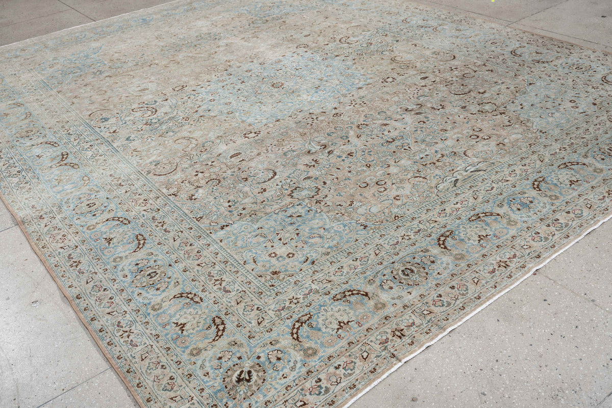 9' x 12' one-of-a-kind handmade antique Meshed large size rug. Color palette: ivory, pale blue, taupe, beige, camel, brown