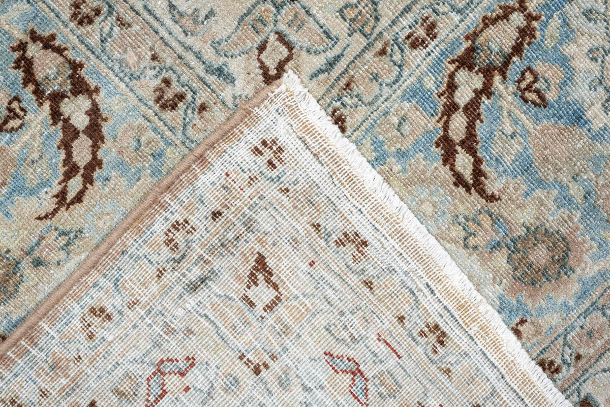 9' x 12' one-of-a-kind handmade antique Meshed large size rug. Color palette: ivory, pale blue, taupe, beige, camel, brown