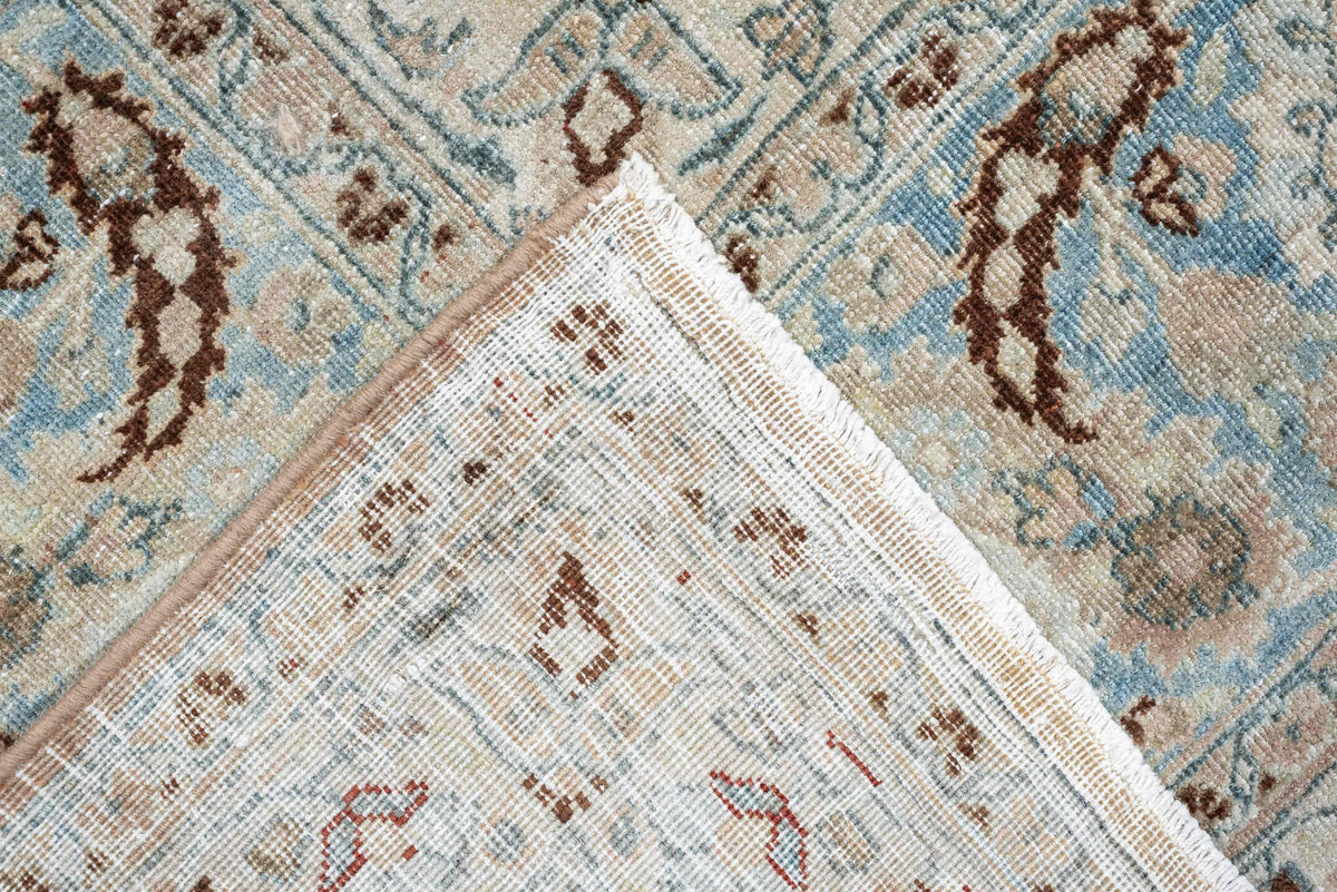 9' x 12' one-of-a-kind handmade antique Meshed large size rug. Color palette: ivory, pale blue, taupe, beige, camel, brown