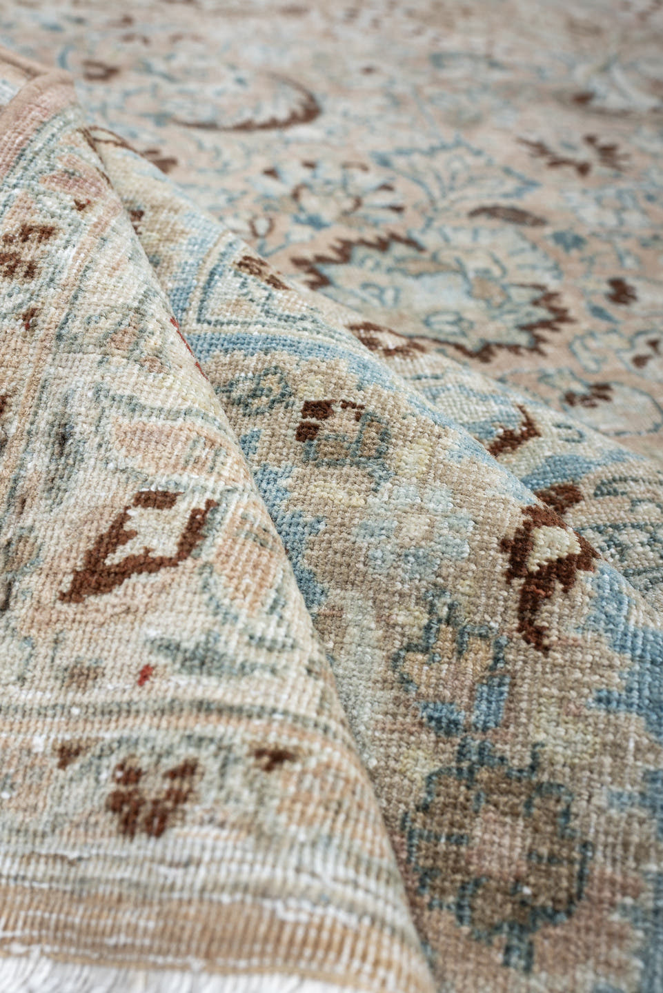 9' x 12' one-of-a-kind handmade antique Meshed large size rug. Color palette: ivory, pale blue, taupe, beige, camel, brown