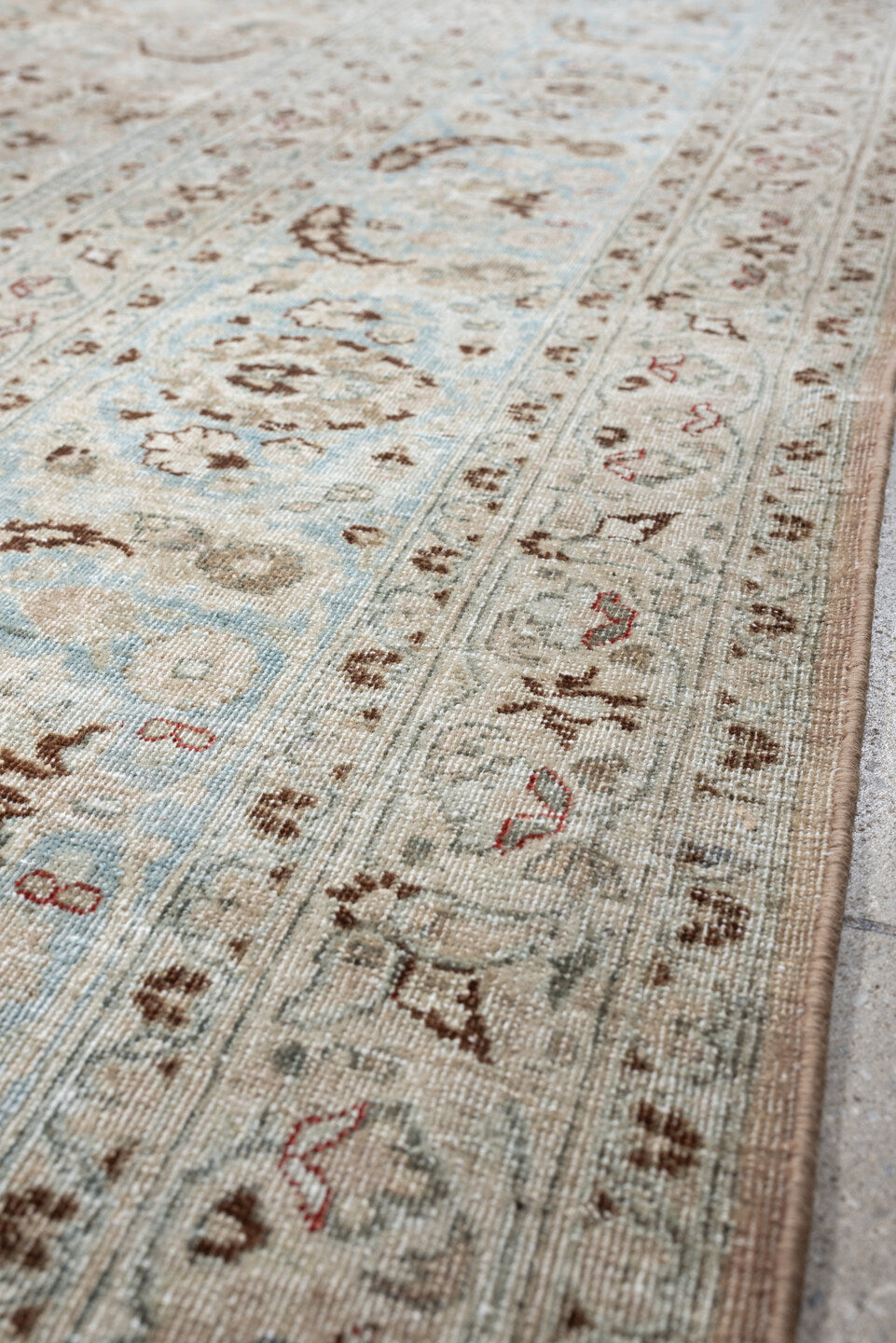 9' x 12' one-of-a-kind handmade antique Meshed large size rug. Color palette: ivory, pale blue, taupe, beige, camel, brown