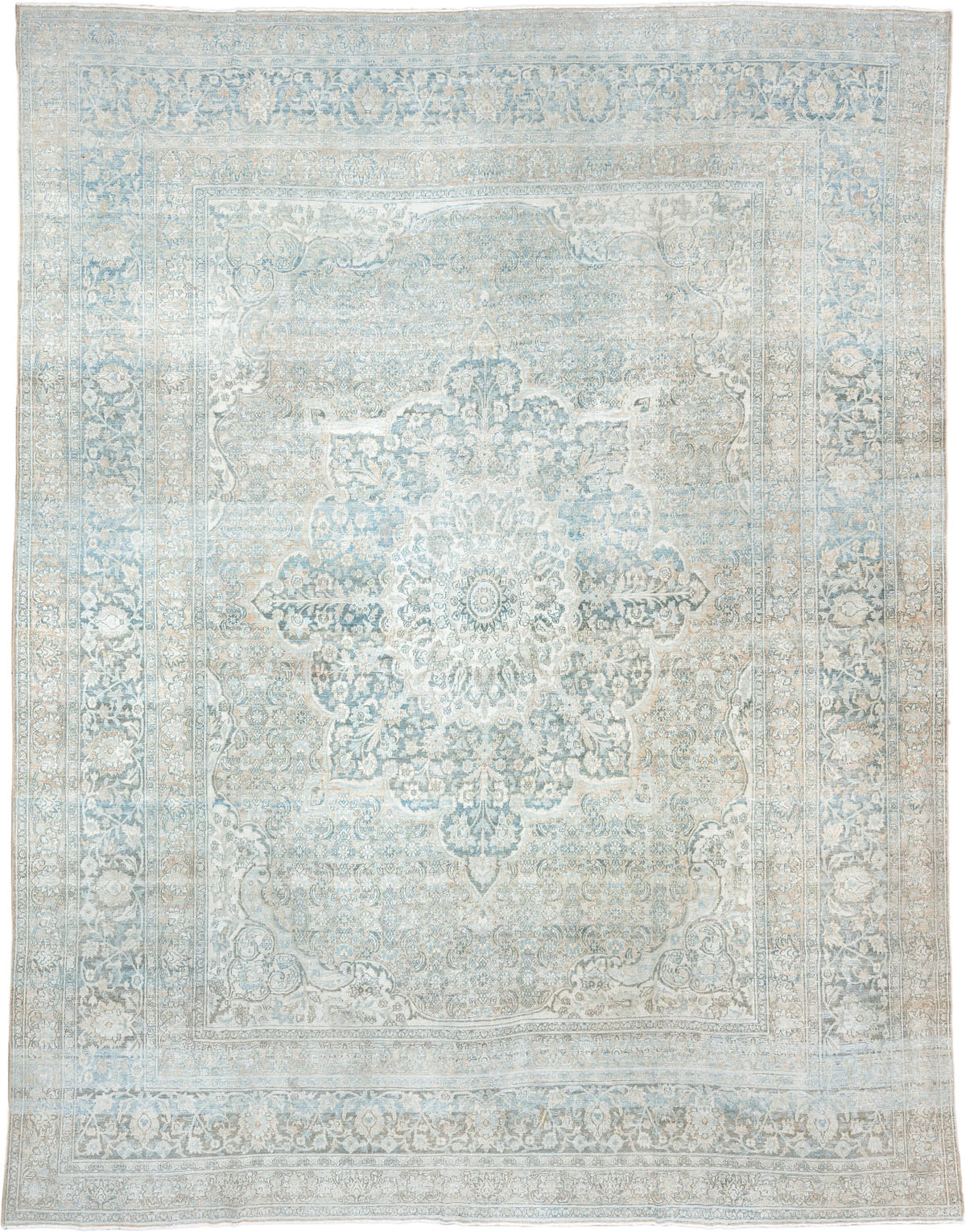11' x 14' one-of-a-kind handmade antique Khorassan oversize rug. Color palette: pale blue, ivory, taupe, blue gray