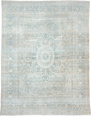 11' x 14' one-of-a-kind handmade antique Khorassan oversize rug. Color palette: pale blue, ivory, taupe, blue gray