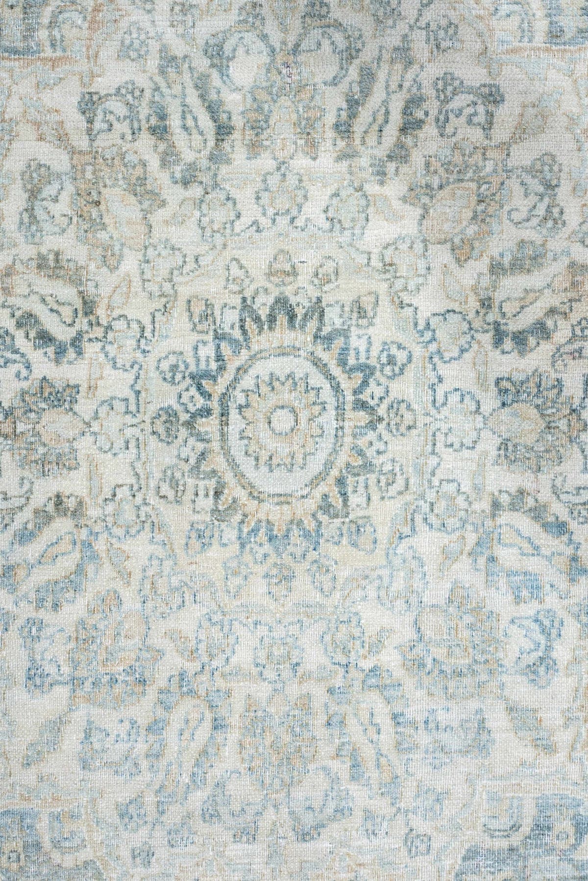 11' x 14' one-of-a-kind handmade antique Khorassan oversize rug. Color palette: pale blue, ivory, taupe, blue gray