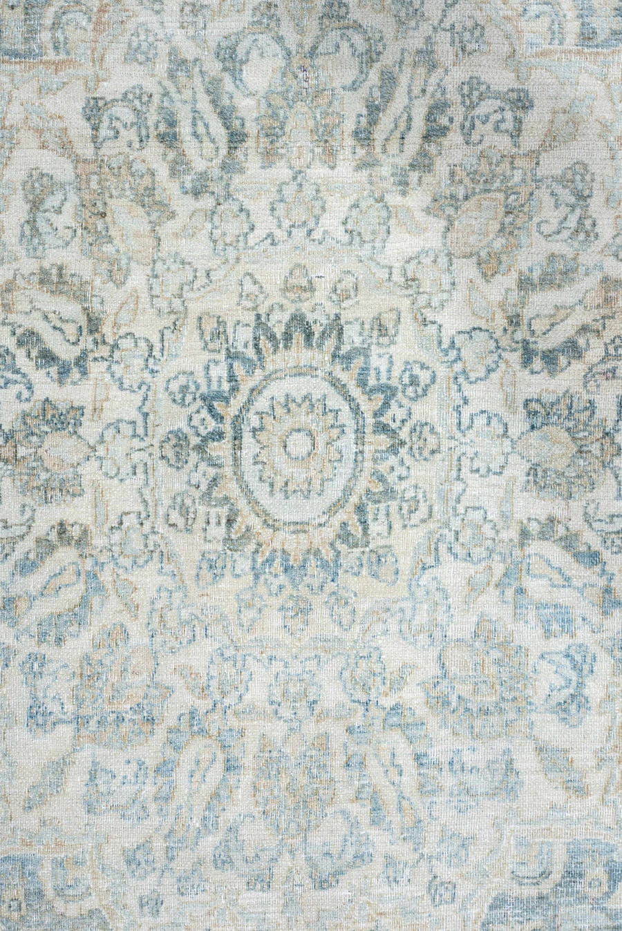 11' x 14' one-of-a-kind handmade antique Khorassan oversize rug. Color palette: pale blue, ivory, taupe, blue gray