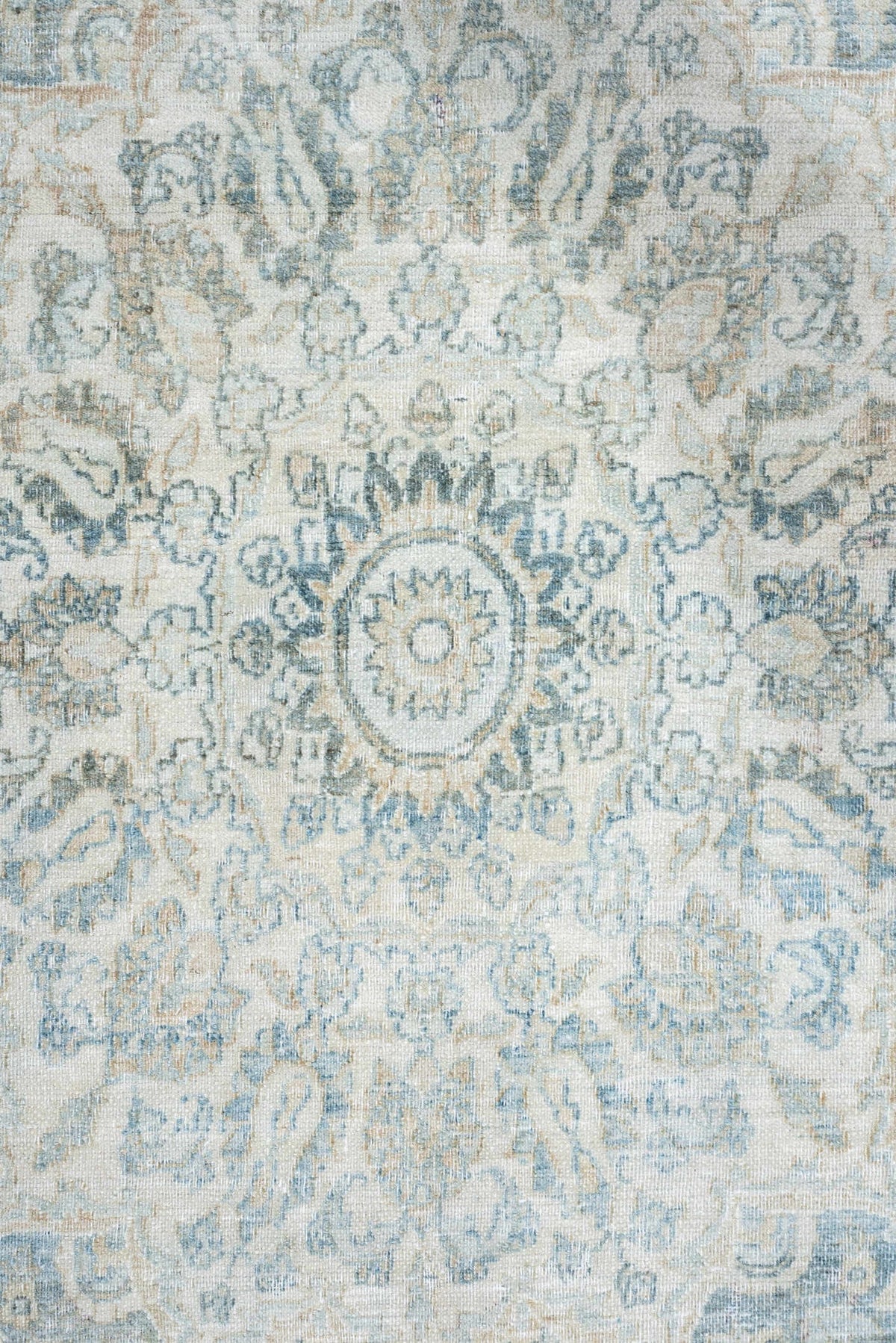 11' x 14' one-of-a-kind handmade antique Khorassan oversize rug. Color palette: pale blue, ivory, taupe, blue gray