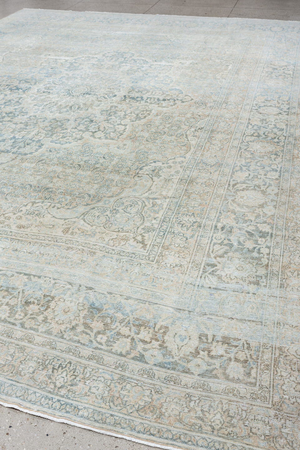 11' x 14' one-of-a-kind handmade antique Khorassan oversize rug. Color palette: pale blue, ivory, taupe, blue gray