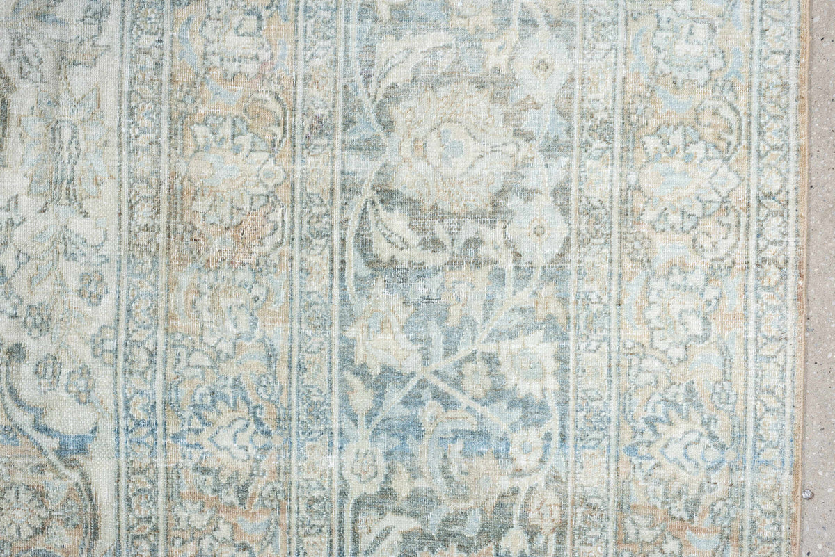 11' x 14' one-of-a-kind handmade antique Khorassan oversize rug. Color palette: pale blue, ivory, taupe, blue gray