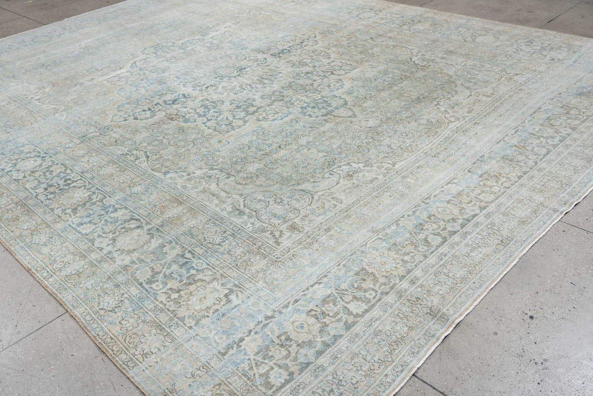 11' x 14' one-of-a-kind handmade antique Khorassan oversize rug. Color palette: pale blue, ivory, taupe, blue gray