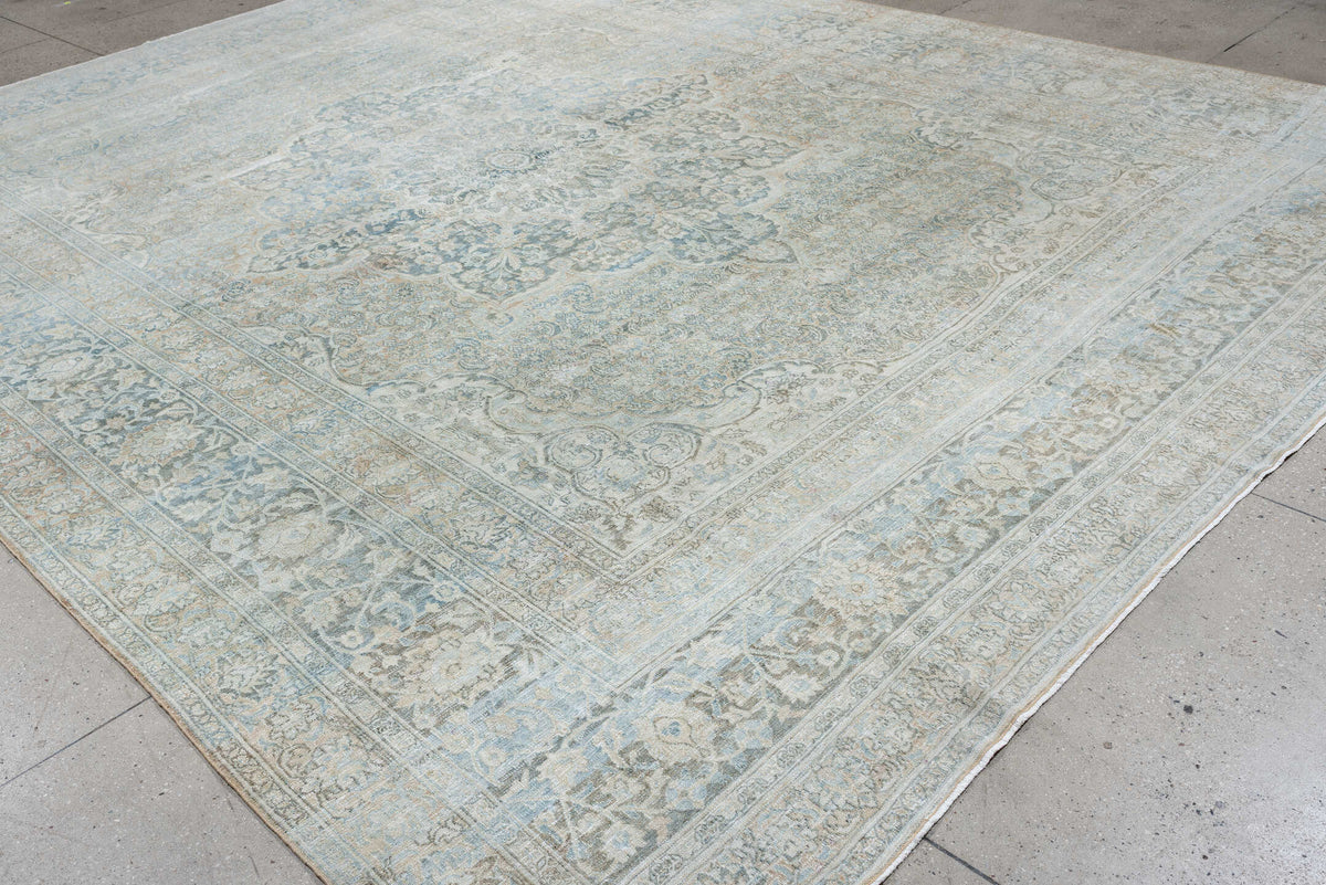 11' x 14' one-of-a-kind handmade antique Khorassan oversize rug. Color palette: pale blue, ivory, taupe, blue gray