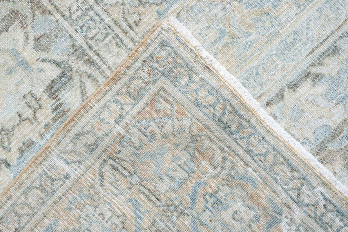 11' x 14' one-of-a-kind handmade antique Khorassan oversize rug. Color palette: pale blue, ivory, taupe, blue gray