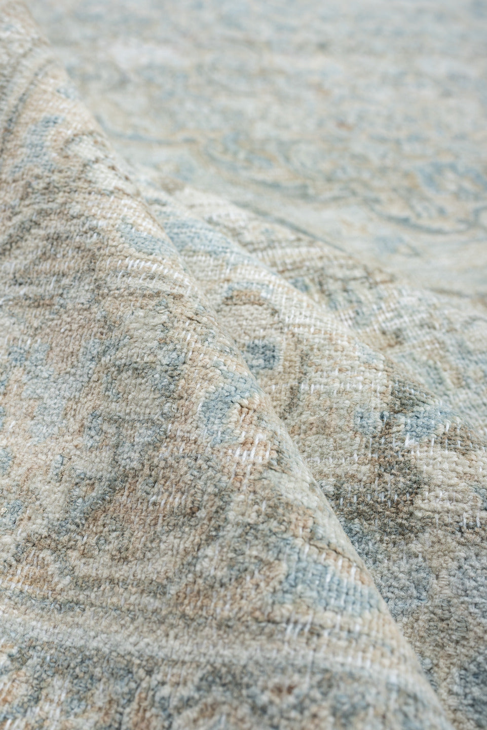 11' x 14' one-of-a-kind handmade antique Khorassan oversize rug. Color palette: pale blue, ivory, taupe, blue gray