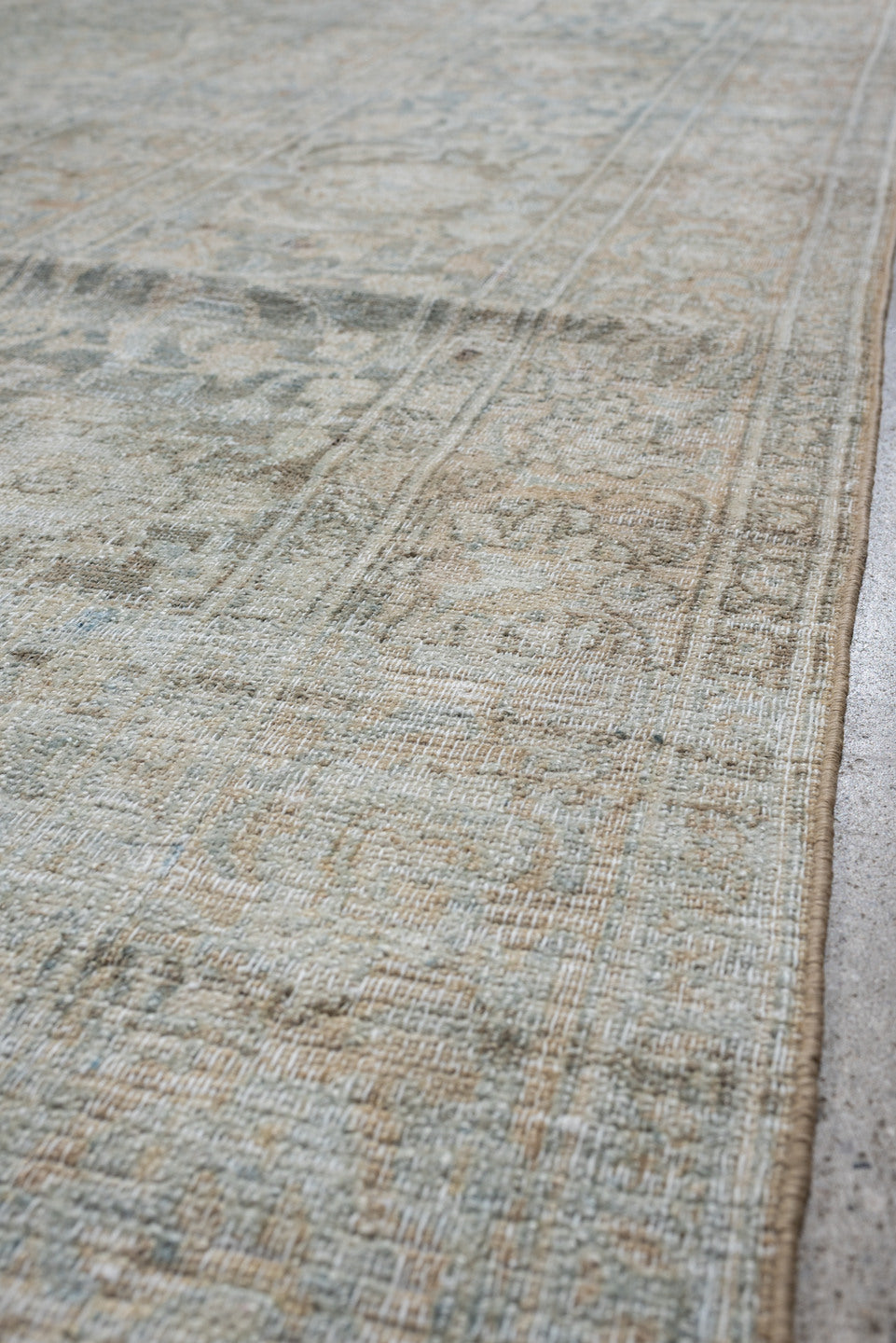 11' x 14' one-of-a-kind handmade antique Khorassan oversize rug. Color palette: pale blue, ivory, taupe, blue gray