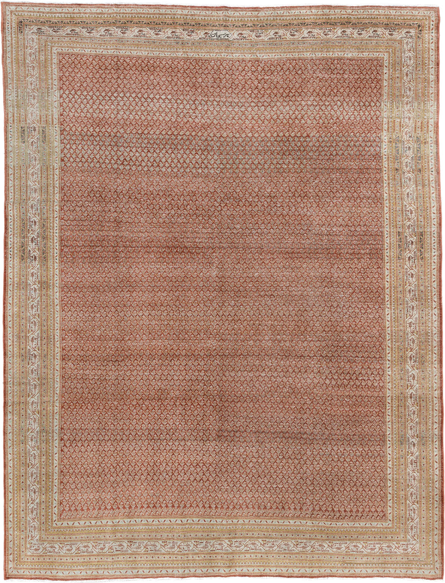 8' x 11' one-of-a-kind handmade antique Mir large size rug. Color palette: terracotta, ivory, rust, sage, pale blue gray
