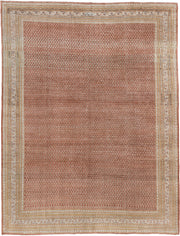 8' x 11' one-of-a-kind handmade antique Mir large size rug. Color palette: terracotta, ivory, rust, sage, pale blue gray